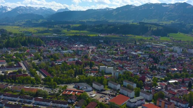 Aerial view of the city beside the alps Sonthofen in Germany on a sunny day in spring. 