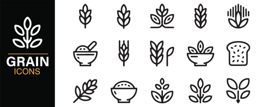 Editable grain and cereal crop icons collection