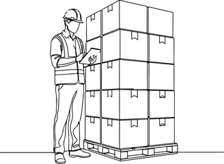 Continuous Line Art Warehouse Worker Inspecting Stacked Cargo Boxes On Pallet Illustration
