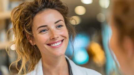 Obraz premium Smiling woman interacts with another person in a clinic setting during daytime hours