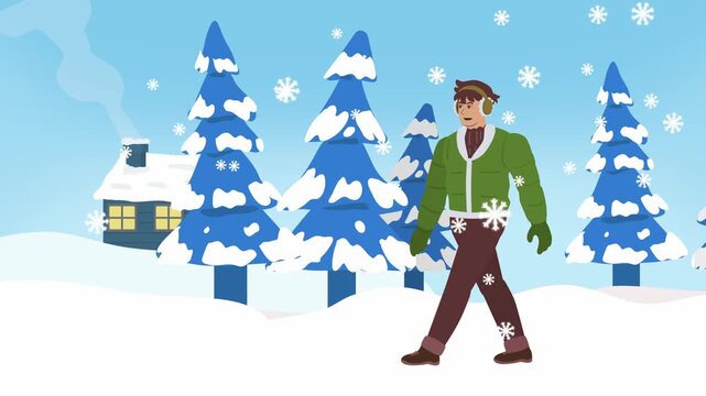 Winter Man Boy Male Wearing Coat Mittens and Earmuffs Walking Through Snowy Landscape Cold Weather 2D Flat Desiign Style Animation Seamless Loop