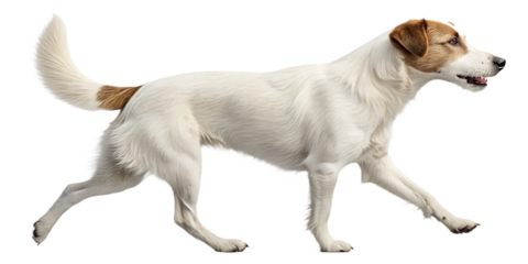 Realistic domestic dog, full body, walking pose, natural motion, realistic proportions, clean detailed fur texture, soft studio lighting, eye level view, centered composition, isolated on transparent 