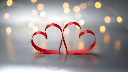 Two red ribbon hearts symbolizing love and romance against a bokeh background.
