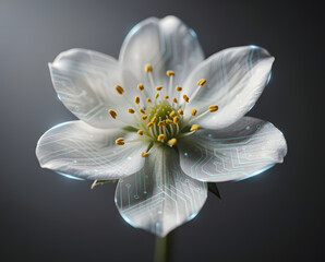 A transparent flower with delicate white petals and yellow stamens is centered against a dark gray background