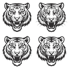 Fototapeta premium Fierce tiger head set, roaring with open mouth and sharp teeth, aggressive and powerful, tribal tattoo style.