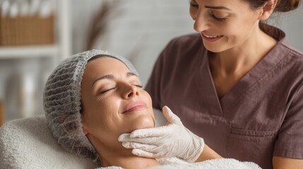 Woman receives facial treatment from specialist in spa setting with soft lighting and relaxing atmosphere