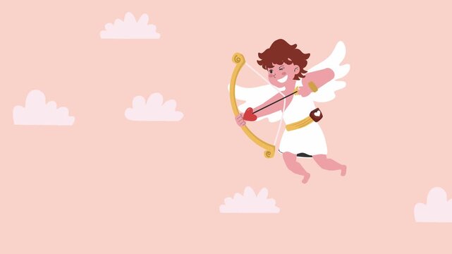 Valentine Theme Cupid Bow and Arrow Ready aim and Shooting Love Arrow 2D Flat Desiign Style Animation Seamless Loop With Green Screen Option