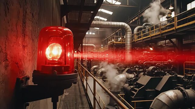 Red flashing emergency light alarm in industrial factory with steam and pipes during safety warning event
