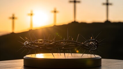 Crown of Thorns with Calvary Crosses at Sunset.