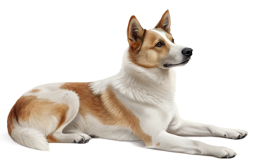 Realistic domestic dog, full body, lying down pose, relaxed natural position, realistic proportions, clean detailed fur texture, soft studio lighting, eye level view, centered composition, isolated on