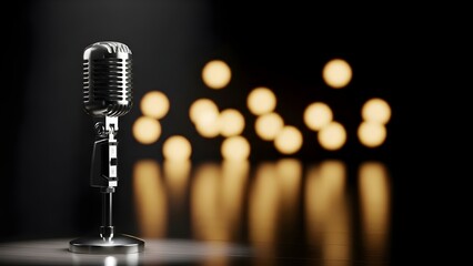 Vintage Microphone on Stage with Bokeh Lights.
