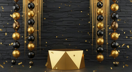Luxurious Gold and Black Podium with Balloons and Confetti against a Dark Textured Wall Background for Product Display