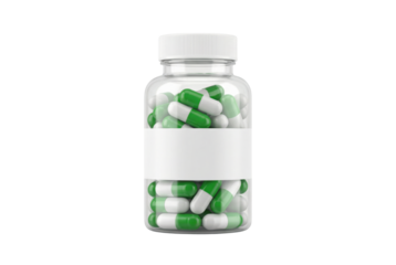 Clear Glass Bottle Filled with Green and White Capsules on Transparent Background