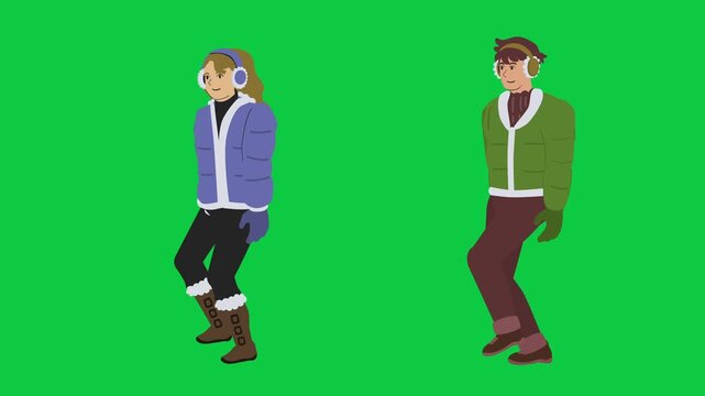 Boy and Girl Walking Loop in Winter Outfit Isolated Green Screen 2D Flat Design Character Stock animation