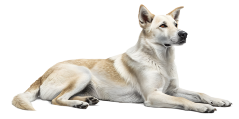 Realistic domestic dog, full body, lying down pose, relaxed natural position, realistic proportions, clean detailed fur texture, soft studio lighting, eye level view, centered composition, isolated on