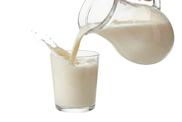 Creamy Milk Being Poured from a Glass Pitcher into a Clear Glass with Delicious Splashes