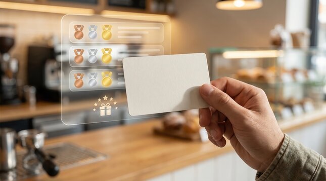 Hand holding blank card with rating icons, customer loyalty program