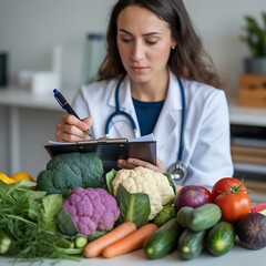 Female Nutritionist Planning a Healthy Diet with Fresh Vegetables