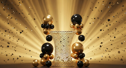 A dynamic 3D rendered festive scene with golden and black balloons surrounding a shimmering wire mesh pedestal.