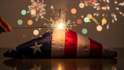 Sparkler ignites a folded American flag with festive bokeh lights in the background, celebrating patriotism and independence.