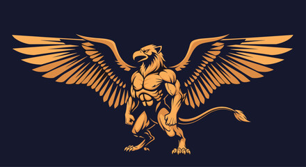 Fototapeta premium A powerful golden griffin with the body of a lion and the head and wings of an eagle stands on a dark background.