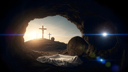 Empty Tomb of Jesus Christ with Crosses on Calvary Hill at Sunrise, Easter Resurrection Concept.