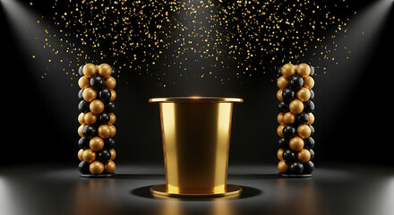 A Luxurious 3D Rendered Golden Pedestal on a Dark Stage with Festive Confetti and Elegant Balloons for Celebrations