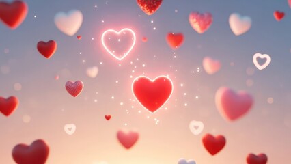 Many red and pink hearts floating in a soft sky love