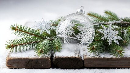 Clear glass Christmas ornament with snowflake design nestled among green pine branches and silver snowflake decorations on a snow-covered surface.