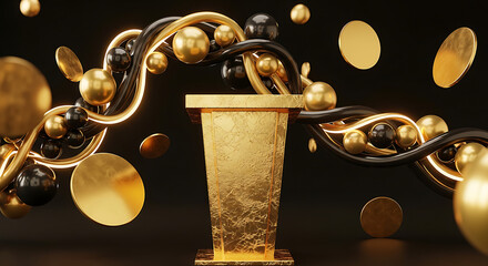 Luxurious Golden Podium with Elegant Swirling Black and Gold Ornaments on a Dark Background