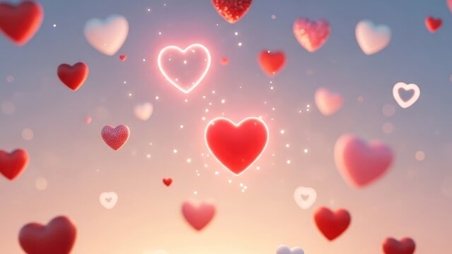 Many red and pink hearts floating in a soft sky love - Powered by Adobe