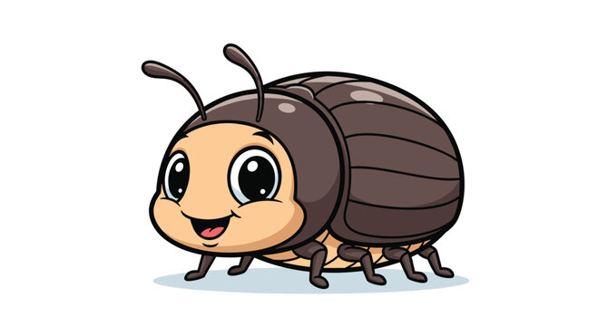 An adorable and happy cartoon pill bug or roly-poly with big cute eyes is smiling on a clean white background.