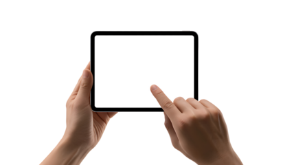 Hands using digital tablet with blank screen isolated on white background
