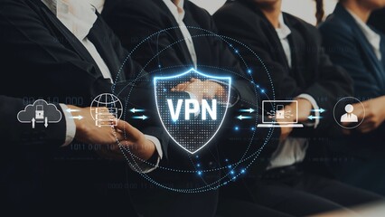 A professional business setting displaying a visual representation of VPN security with graphics, emphasizing data protection, privacy, and technology in a corporate environment. Raster
