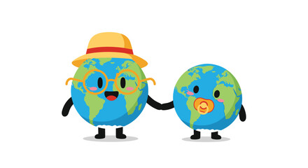 Obraz premium Cute cartoon Earth characters representing a parent and child holding hands to symbolize generational environmental care.
