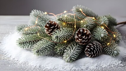 Snow-dusted pine branches with cones and fairy lights create a festive Christmas decoration on a wooden surface, evoking a cozy winter holiday atmosphere.