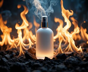 escena con un frasco de perfume en spray blanco rodeado de llamas.