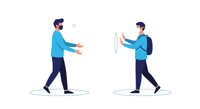 Two men wearing face masks practicing social distancing to prevent the spread of coronavirus as a public health measure.