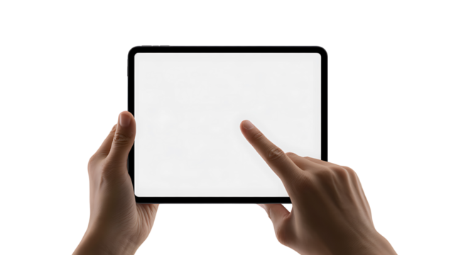 Hands holding digital tablet with blank screen isolated on white background
 - Powered by Adobe