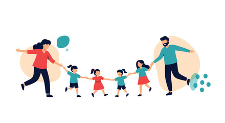 Fototapeta premium Happy family with a mother father and four children holding hands and playing together in a joyful flat vector illustration.