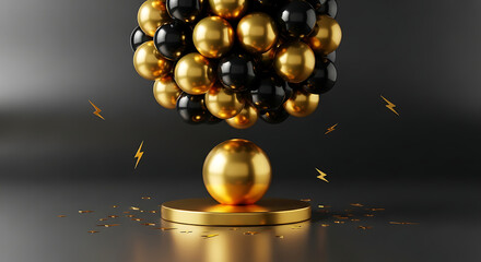 A visually striking composition of black and gold metallic spheres on a dark minimalist background, with a podium and lightning elements for luxury celebration.