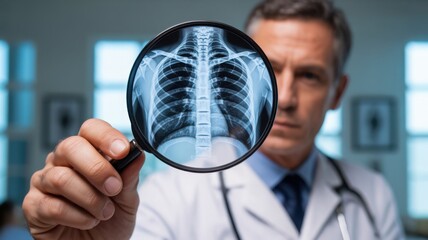 Doctor Examining Chest X-Ray with Magnifying Glass for Medical Diagnostics and Lung Health Awareness
