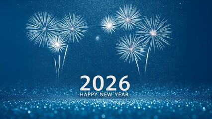 Happy New Year 2026 Celebration with Fireworks and Glitter on Blue Background.