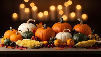 Autumn Harvest Display with Pumpkins, Gourds, and Corn on a Wooden Table with Bokeh Lights.