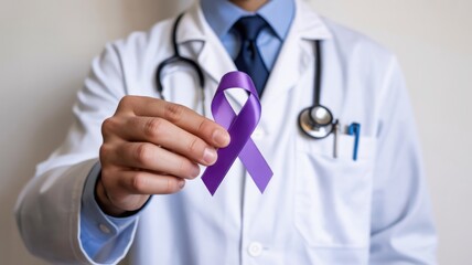Doctor Holding Purple Ribbon Image for Cancer and Health Awareness Advocacy