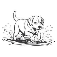 Fototapeta premium Cute cartoon puppy dog splashing happily in water puddle, line art illustration style.