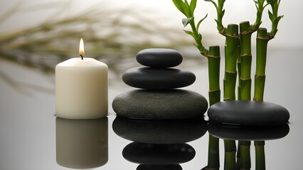 Zen Still Life - Candle, Stacked Stones, and Bamboo for Relaxation and Wellness.