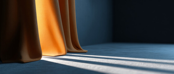 Sunlight casting long shadows through orange curtains onto a textured floor in a minimalist dark room corner