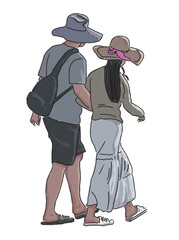 Young couple chinese people in hats walking on seashore on summer day, realistic hand drawn vector illustration isolated on white