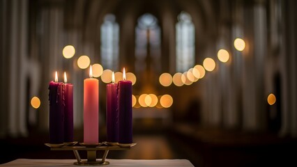 Advent Wreath with Three Lit Candles in a Dimly Lit Church Setting, Symbolizing Hope and Anticipation.